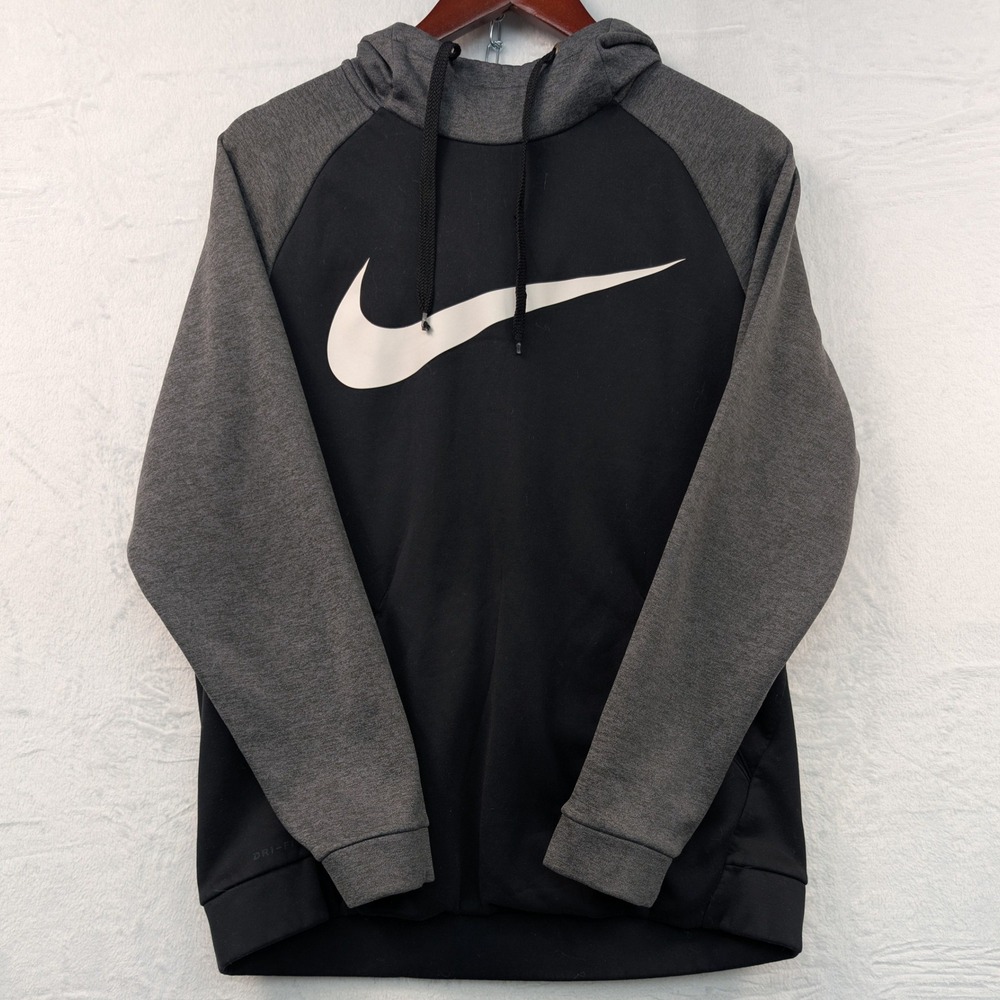 Nike Hoodie Men's M Black Gray Dri-FIT Swoosh Graphic Athleisure Sporty Pullover